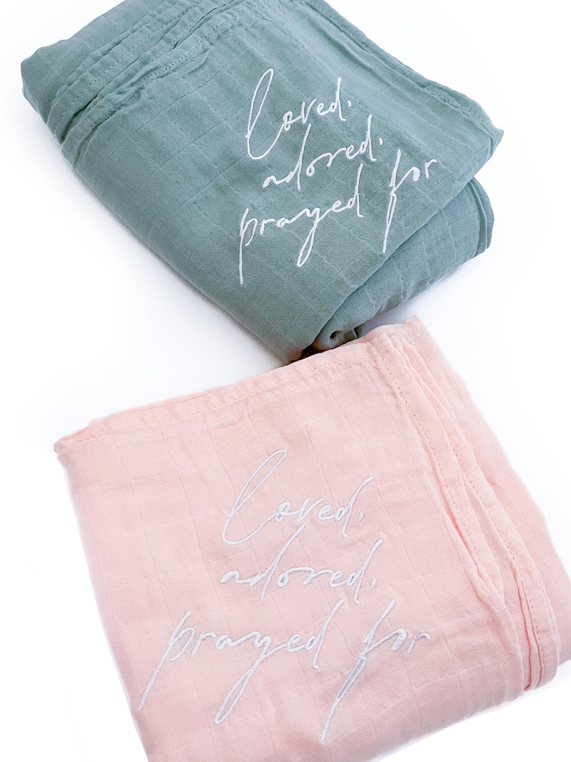 Loved, Adored, Prayed For Embroidered Swaddle Blanket